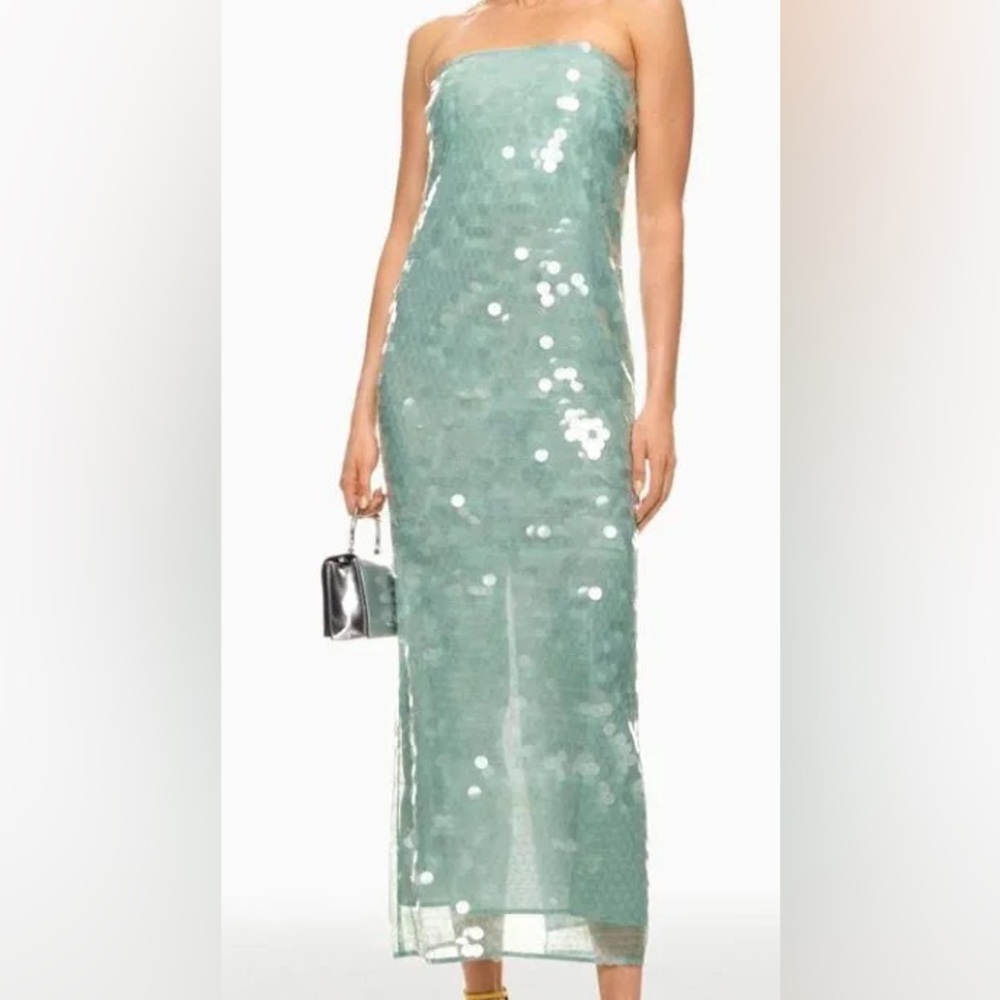 STAUD Strapless Sequin Dress in Mint Green